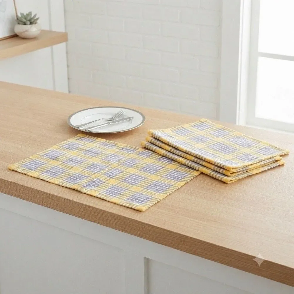 Set of 4 Vintage Woven Cotton Placemats Yellow Blue White Plaid Cottagecore MCM